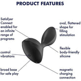The Satisfyer Sweet Seal - Black by Satisfyer features an adaptable, body-friendly design crafted from black silicone, with two oval ends tailored for anal pleasure. It allows for smooth operation through the Satisfyer Connect app and includes a wide base for enhanced enjoyment along with a convenient magnetic charging connection, making it ideal for prostate massages.